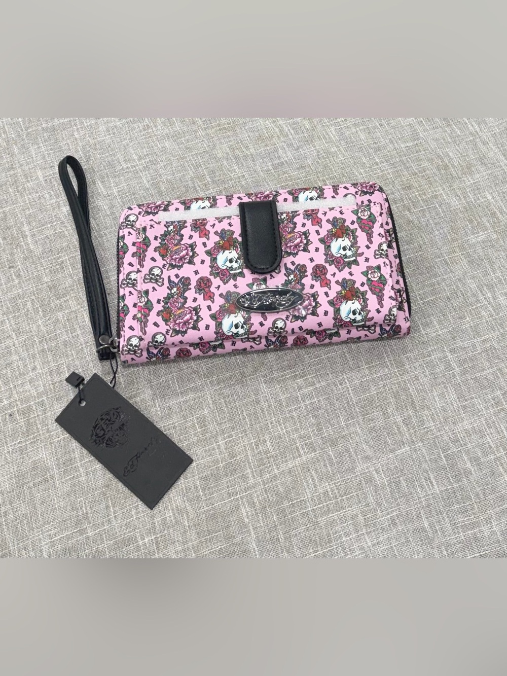 Ed Hardy Pink Floral Skull Wristlet Clutch